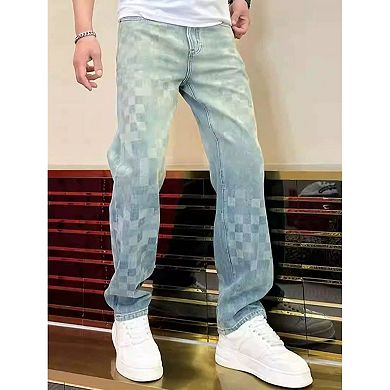 Men's Straight Leg Jeans, Casual Loose Fit Denim Pants with Unique Checkered Pattern.