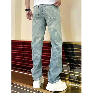 Men's Straight Leg Jeans, Casual Loose Fit Denim Pants with Unique Checkered Pattern.