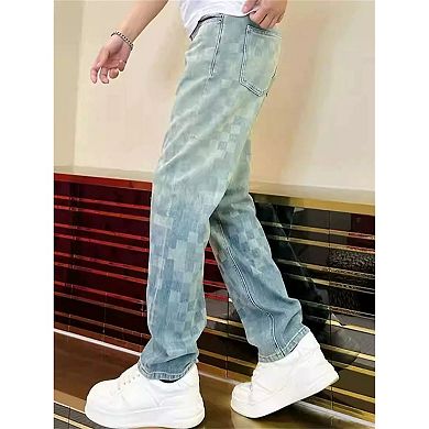Men's Straight Leg Jeans, Casual Loose Fit Denim Pants with Unique Checkered Pattern.