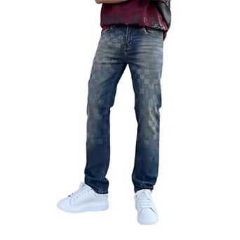 Men's Straight Leg Jeans, Casual Checkerboard Print Denim Pants.
