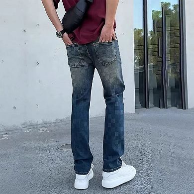 Men's Straight Leg Jeans, Casual Checkerboard Print Denim Pants.
