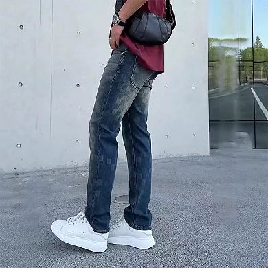 Men's Straight Leg Jeans, Casual Checkerboard Print Denim Pants.