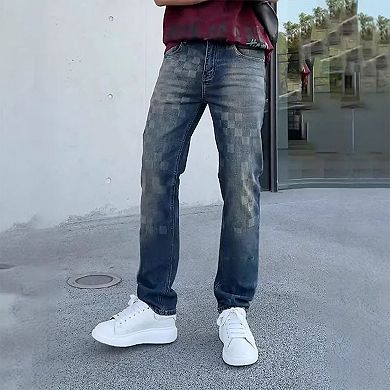 Men's Straight Leg Jeans, Casual Checkerboard Print Denim Pants.