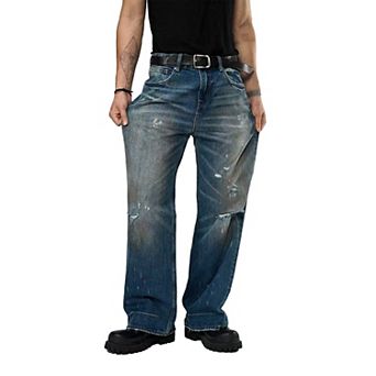 Men's Vintage Distressed Wide Leg Jeans, Casual Loose Fit Denim Pants for Streetwear.