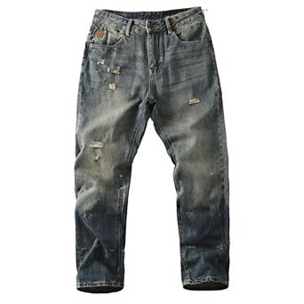 Men's Vintage Distressed Straight Leg Jeans, Casual Washed Denim Pants.