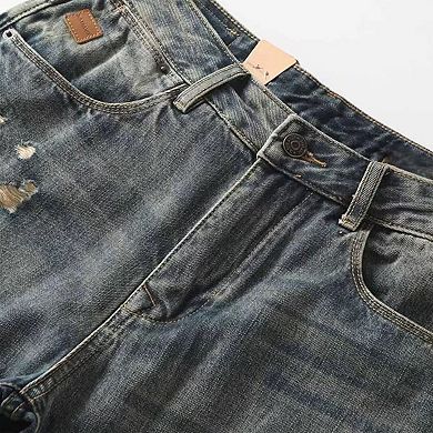 Men's Vintage Distressed Straight Leg Jeans, Casual Washed Denim Pants.
