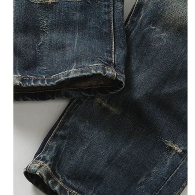 Men's Vintage Distressed Straight Leg Jeans, Casual Washed Denim Pants.