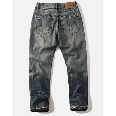 Men's Vintage Distressed Straight Leg Jeans, Casual Washed Denim Pants.