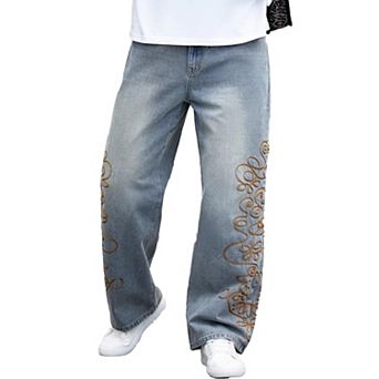Men's Embroidered Wide Leg Jeans, Casual Loose Fit Denim Pants for Streetwear