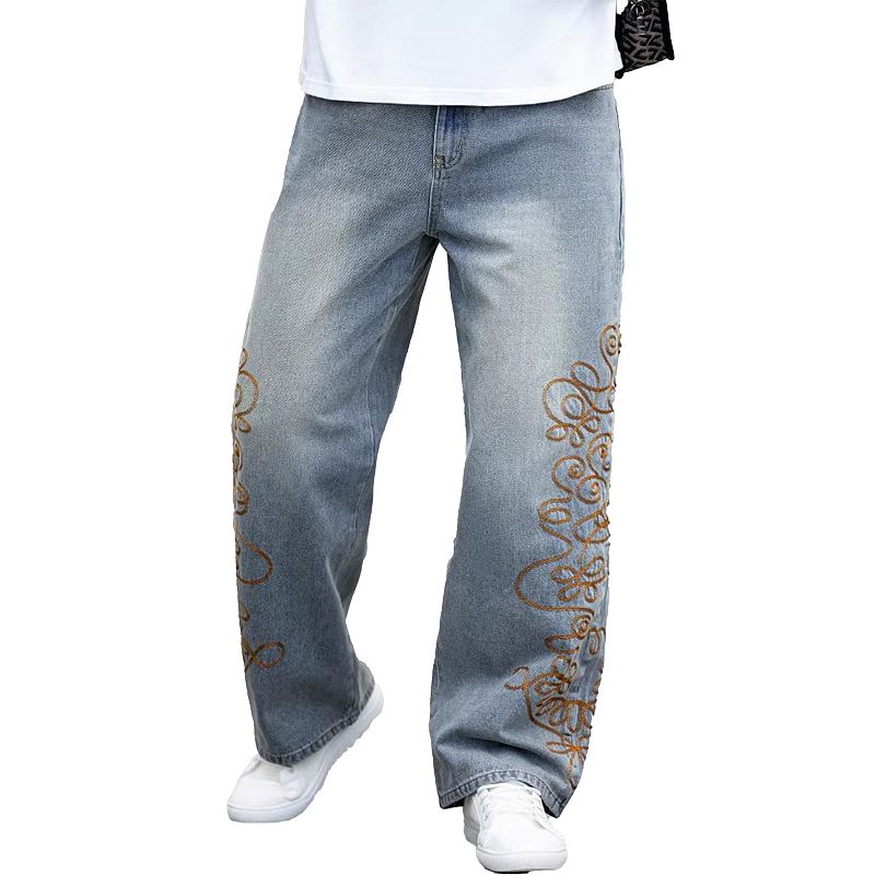 パンツ Washed Denim Wide Pants Graphic Print Men's Embroidered Wide Leg Jeans, Casual Loose Fit Denim Pants for