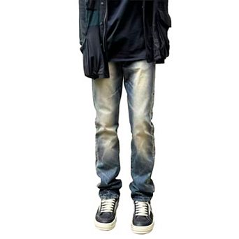 Men's Vintage Washed Straight Leg Jeans, Retro Faded Denim Pants with Zipper Pockets.