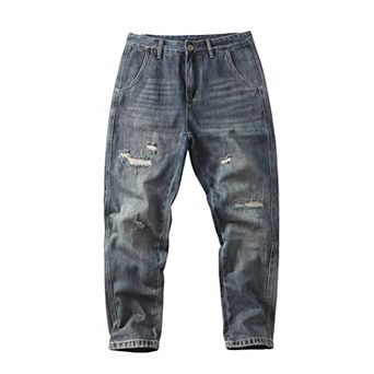 Men's Vintage Distressed Jeans, Relaxed Straight Leg Ripped Denim Pants.