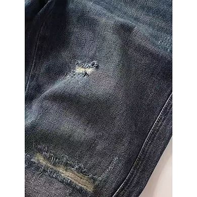 Men's Vintage Distressed Jeans, Relaxed Straight Leg Ripped Denim Pants.