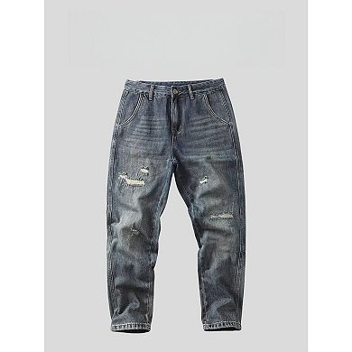 Men's Vintage Distressed Jeans, Relaxed Straight Leg Ripped Denim Pants.