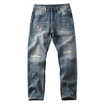 Men's Vintage Washed Distressed Jeans, Straight Leg Denim Pants with Ripped.