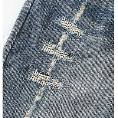 Men's Vintage Washed Distressed Jeans, Straight Leg Denim Pants with Ripped.