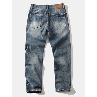 Men's Vintage Washed Distressed Jeans, Straight Leg Denim Pants with Ripped.