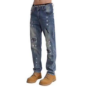 Men's Vintage Washed Ripped Jeans, Straight Leg Denim Pants with Paint Splatter.
