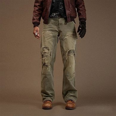 Men's Vintage Distressed Carpenter Pants, Relaxed Straight Leg Workwear Trousers.