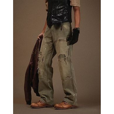 Men's Vintage Distressed Carpenter Pants, Relaxed Straight Leg Workwear Trousers.