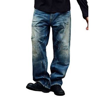 Men's Vintage Washed Distressed Jeans, Relaxed Straight Leg Denim Pants.