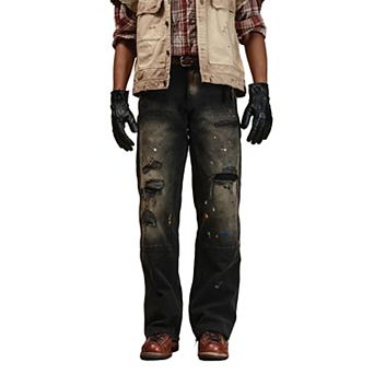 Men's Vintage Distressed Carpenter Jeans, Straight Leg Workwear Denim Pants with.