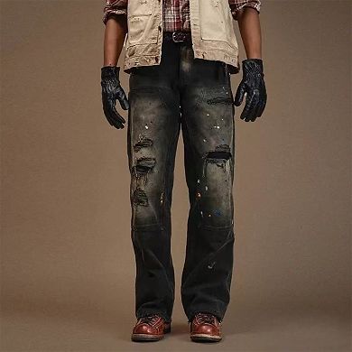 Men's Vintage Distressed Carpenter Jeans, Straight Leg Workwear Denim Pants with.