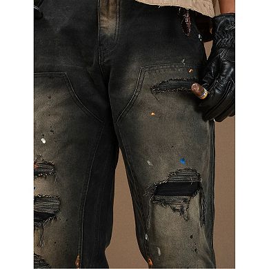 Men's Vintage Distressed Carpenter Jeans, Straight Leg Workwear Denim Pants with.