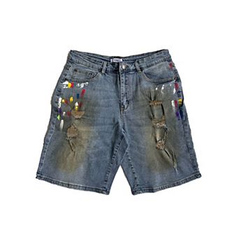 Men's Paint Splatter Distressed Denim Shorts, Baggy Casual Streetwear.