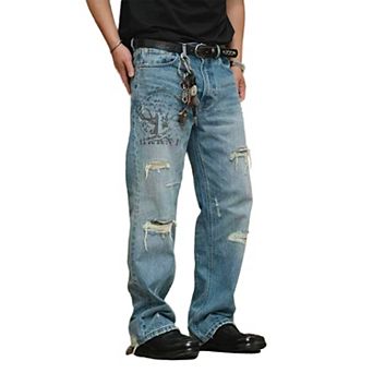 Men's Loose Fit Vintage Distressed Jeans, Printed & Ripped Denim Pants.