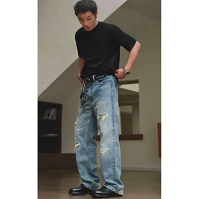 Men's Loose Fit Vintage Distressed Jeans, Printed & Ripped Denim Pants.