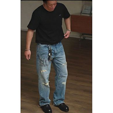 Men's Loose Fit Vintage Distressed Jeans, Printed & Ripped Denim Pants.