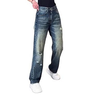 Men's Vintage Distressed Straight Leg Jeans, Dark Wash Casual Denim Pants