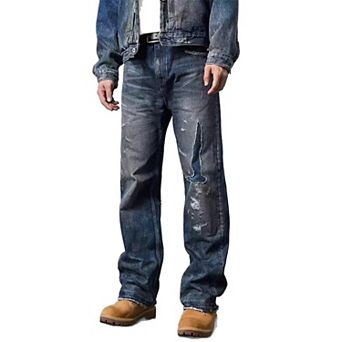 Men's Loose Straight Leg Jeans, Vintage Washed Distressed Denim Pants.