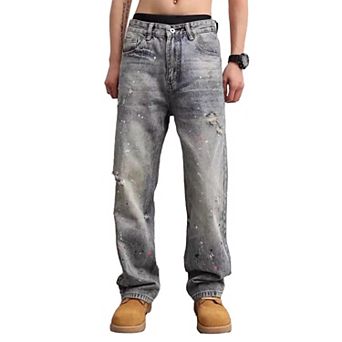 Men's Loose Fit Distressed Jeans, Vintage Washed Denim Pants with.