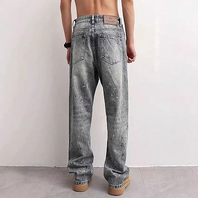Men's Loose Fit Distressed Jeans, Vintage Washed Denim Pants with.
