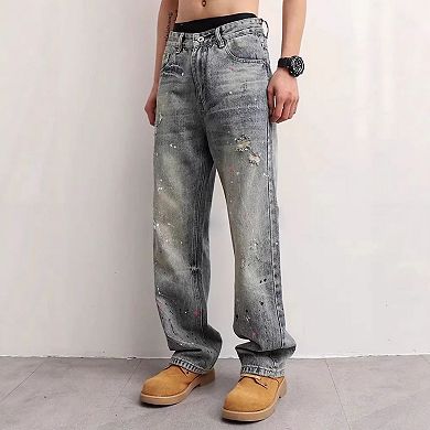 Men's Loose Fit Distressed Jeans, Vintage Washed Denim Pants with.