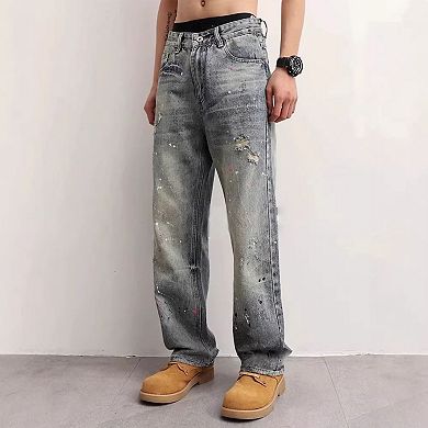 Men's Loose Fit Distressed Jeans, Vintage Washed Denim Pants with.