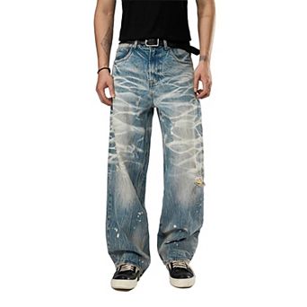 Men's Wide Leg Vintage Washed Jeans, Baggy Distressed Denim Pants for Streetwear Casual