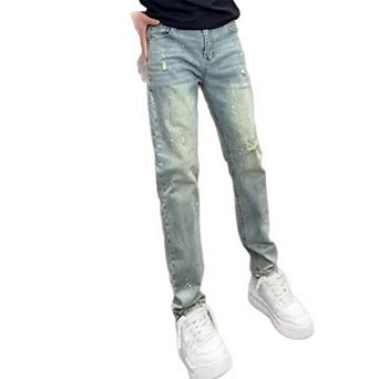 Men's Slim Fit Distressed Jeans, Stretch Denim Pants with Ripped & Splash Ink Design.