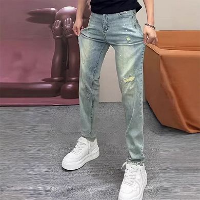 Men's Slim Fit Distressed Jeans, Stretch Denim Pants with Ripped & Splash Ink Design.