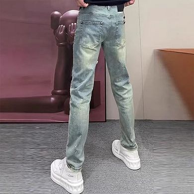 Men's Slim Fit Distressed Jeans, Stretch Denim Pants with Ripped & Splash Ink Design.