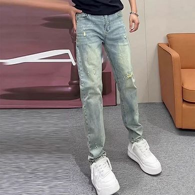 Men's Slim Fit Distressed Jeans, Stretch Denim Pants with Ripped & Splash Ink Design.