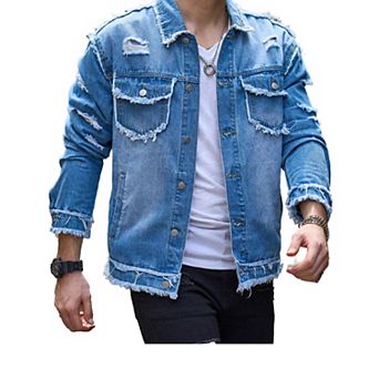 Men's Distressed Denim Jacket, Ripped Fringe Trucker Coat.