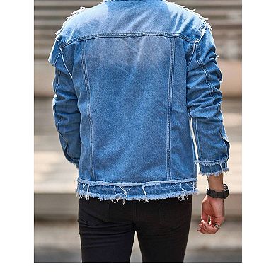 Men's Distressed Denim Jacket, Ripped Fringe Trucker Coat.