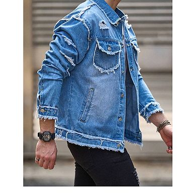 Men's Distressed Denim Jacket, Ripped Fringe Trucker Coat.