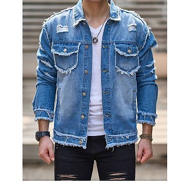 Men's Distressed Denim Jacket, Ripped Fringe Trucker Coat.