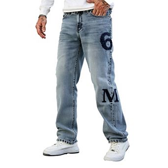 Men's Loose Fit Straight Leg Jeans, Printed Washed Denim Pants, Casual Streetwear Baggy .
