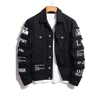 Men's Ripped Denim Jacket, Streetwear Patchwork Jean Coat, Casual Button Down Trucker Jacket.