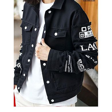 Men's Ripped Denim Jacket, Streetwear Patchwork Jean Coat, Casual Button Down Trucker Jacket.
